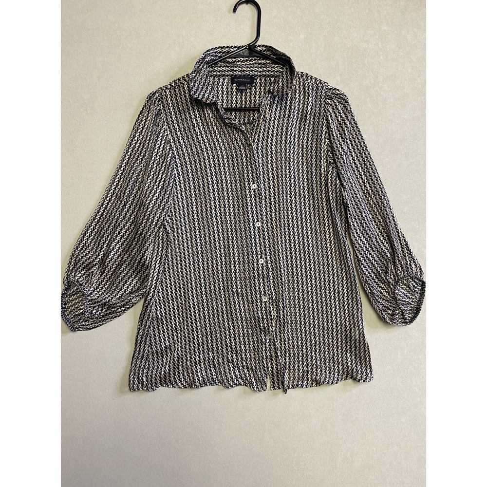 Tamara H. Womens Black White Geometric Print Button Down Puff Sleeve Blouse S